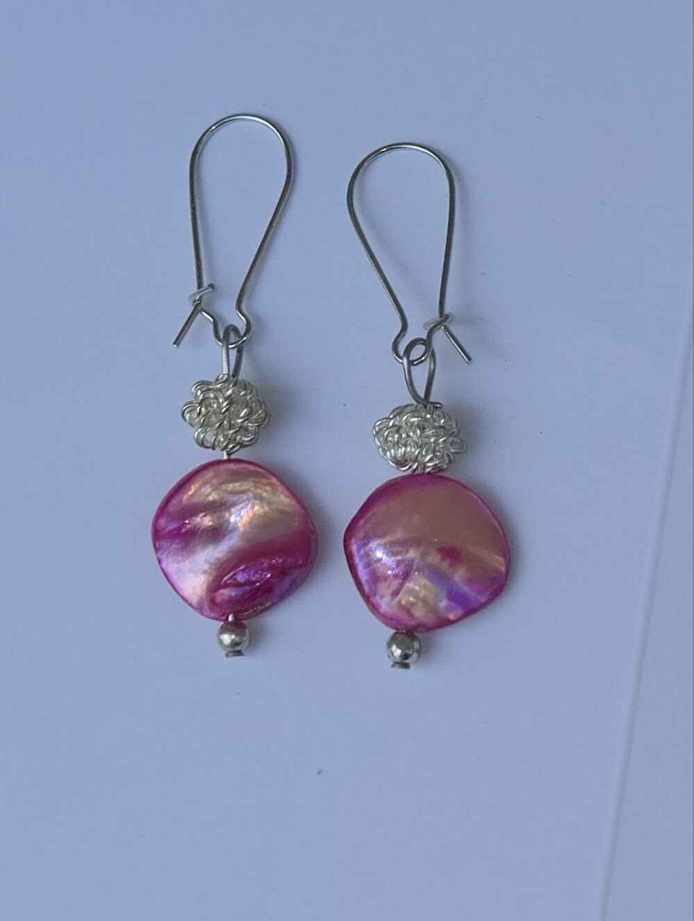 Handmade Pink Shell Drop Earrings with Silver Accents